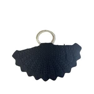 Vintage Crochet Black Fan Purse with Twisted Clear Lucite Handles Holiday Glam
